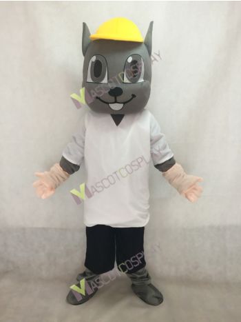 Gray Squirrel Mascot Costume in Yellow Hat 