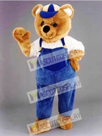 Teddy Bear Mascot Costume with Hat and Blue Overalls