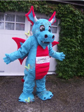 Light Blue Arriva Dragon with Red Wings Mascot Costume