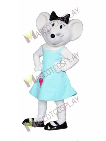 Gray Baby Mouse in Blue Dress Mascot Costume 