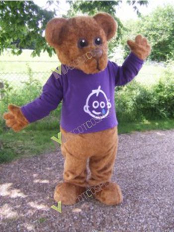 Brown Bernard Bear Mascot Costume in Purple Shirt