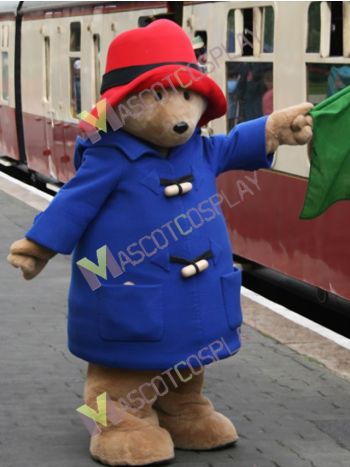 Cartoon Bear in Blue Coat and Red Hat Mascot Costume 