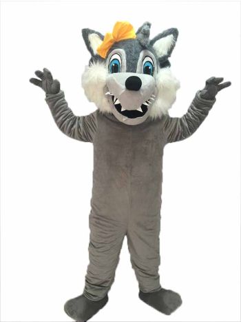 Grey Big Bad Female Wolf withe Yellow Bow Mascot Costume