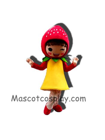 Red Fruit Strawberry Girl Mascot Costume with Yellow Dress