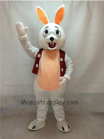 White Bunny Rabbit with Glasses and Vest Mascot Costume