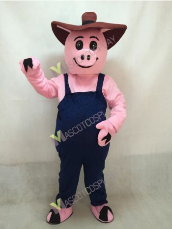 Pink Pig Farmer Hog with Overalls & Hat Mascot Costume
