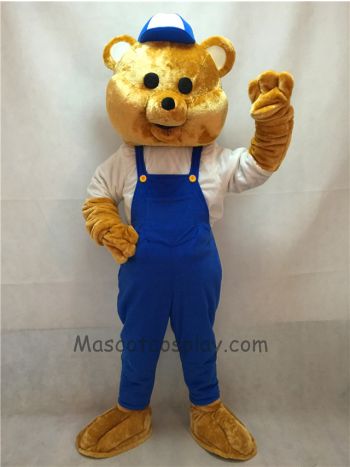 Teddy Bear Mascot Costume with Blue Overalls and Hat