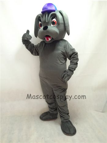 Cute Grey Bulldog with Collar & Purple Hat Mascot Costume  