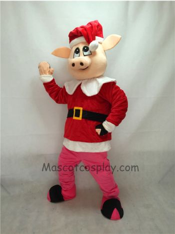 Cute Hog with Santa Coat & Hat Christmas Mascot Costume