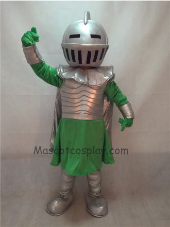 Silver Knight Mascot Costume with Green Clothing