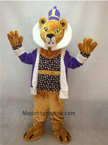 King Lionel Lion Mascot Costume with Purple Clothes and Crown