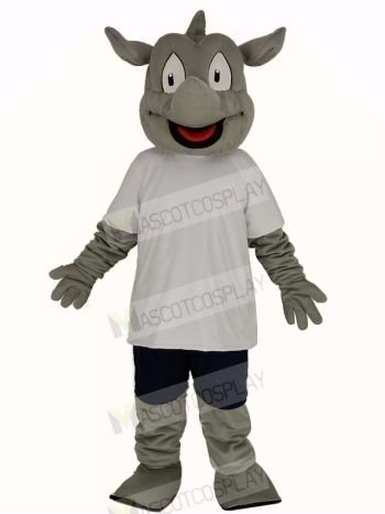Rhino in White T-shirt Mascot Costume