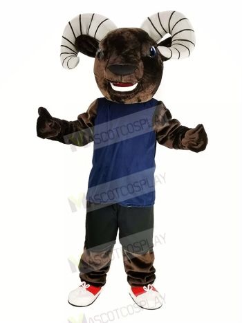 Dark Brown Sport Ram with Blue Vest Mascot Costume Animal