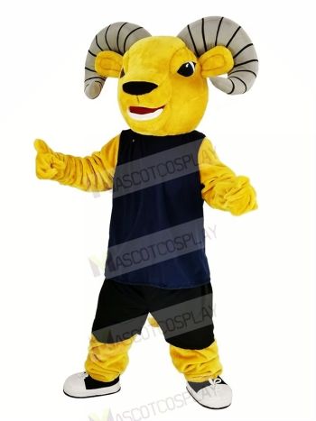 Light Brown Sport Ram with Blue Vest Mascot Costume Animal