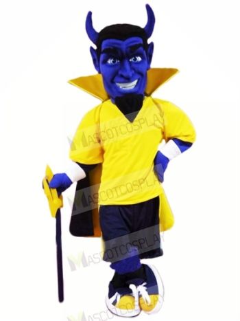 Blue Devil with Yellow Coat Mascot Costume Cartoon
