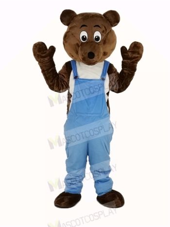 Dark Brown Bear in Blue Overalls Mascot Costume Animal