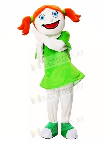 Smiling Face Girl in Green Dress Mascot Costumes 