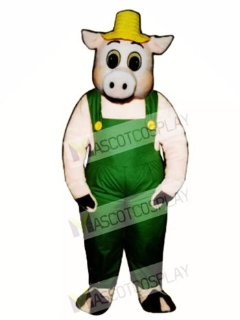 Cute Otis Oinker Pig Hog with Straw Hat & Overalls Mascot Costume