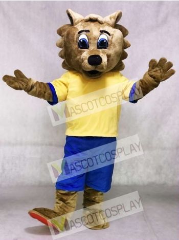 Bob Cat Mascot Costume with Yellow Shirt and Blue Shorts