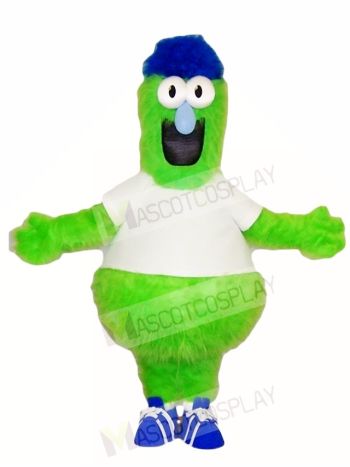 Fluffy Green Monster with Blue Hat Mascot Costumes 