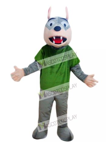 Gray Wolf in Green Shirt Mascot Costume 