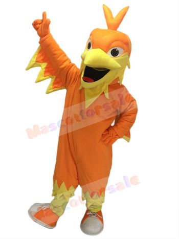 Orange Phoenix Mascot with Pointy head, Wings, Tail and Tennis Shoes