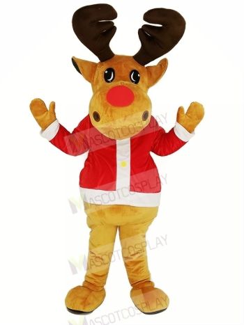 Brown Reindeer with Red Coat Mascot Costume Christmas Xmas