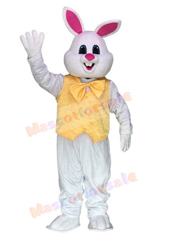 White Bunny Easter Rabbit with Yellow Bow Mascot Costumes Animal