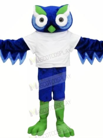 Cute Blue Owl with Green Eyebrow Mascot Costumes Animal