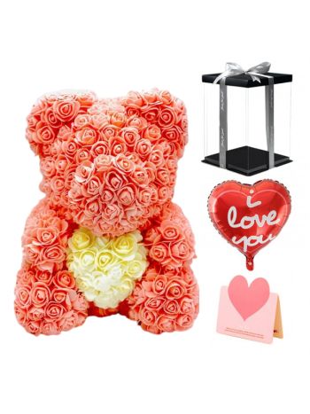 Peach Rose Teddy Bear Flower Bear with White Heart Best Gift for Mother's Day, Valentine's Day, Anniversary, Weddings and Birthday